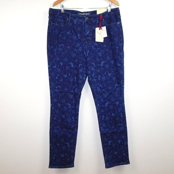 Lands' End Slim Fit Jeans Women's Size 18 Blue Denim Floral Print Stretch - Picture 1 of 10
